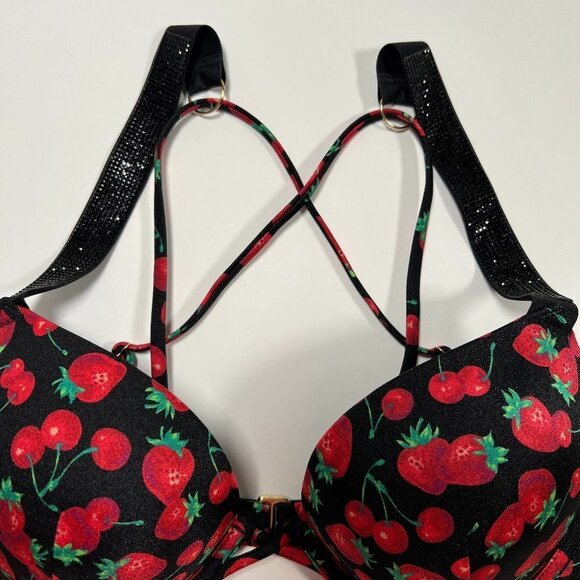Victoria Secret 32A XS Bombshell Push Up Top Bikini Set Shine Strap Cherry Print - Picture 5 of 6
